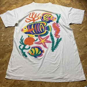 Vintage Tropical T-Shirt Erwachsene Kurzarm Herren 90er Grafik Puffdruck Fisch c3 - Bild 1 von 3