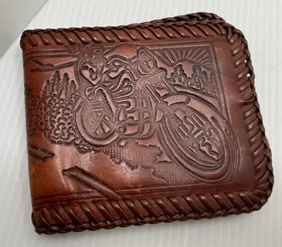Vintage Tooled Brown Leather wallet motorcycle Keep On Bikin Biker - Image 1 of 4