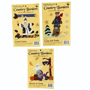 Lot of 3 Halloween & Christmas Country Borders Iron-On Fabric Appliqué Kits Vtg - Picture 1 of 13