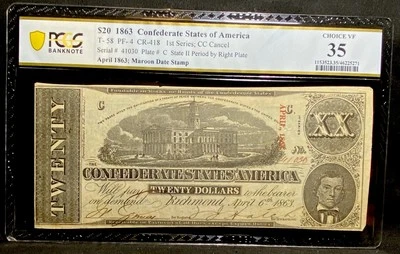 T-58 1863 Confederate States $20 Civil War Obsolete Banknote Currency, PCGS 35 - Image 1 of 4