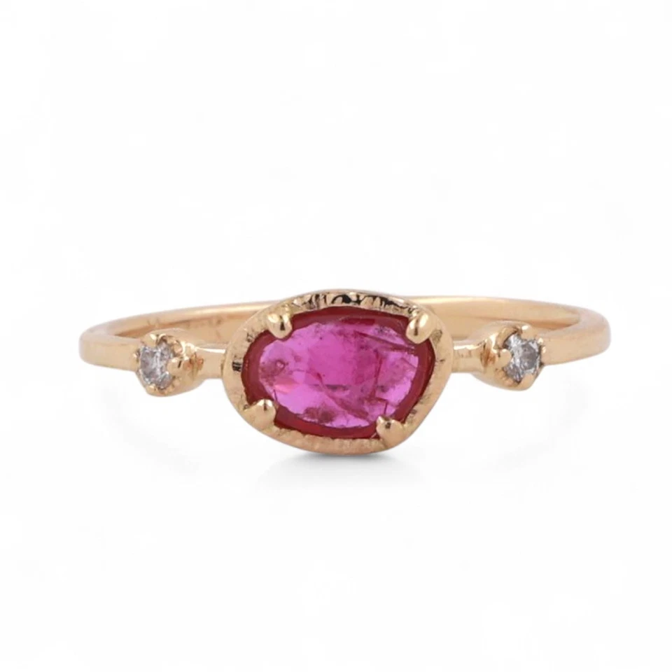 Ruby Solitaire Diamond Accent Ring 18K Yellow Gold 0.63 CTW Size 5.75 Estate - Image 1 of 4