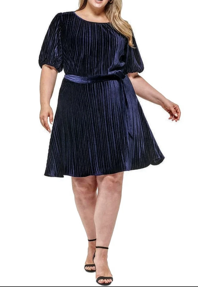 DKNY Womens Blue Tie Waist Fit & Flare Pleated Dress Plus Size 14W