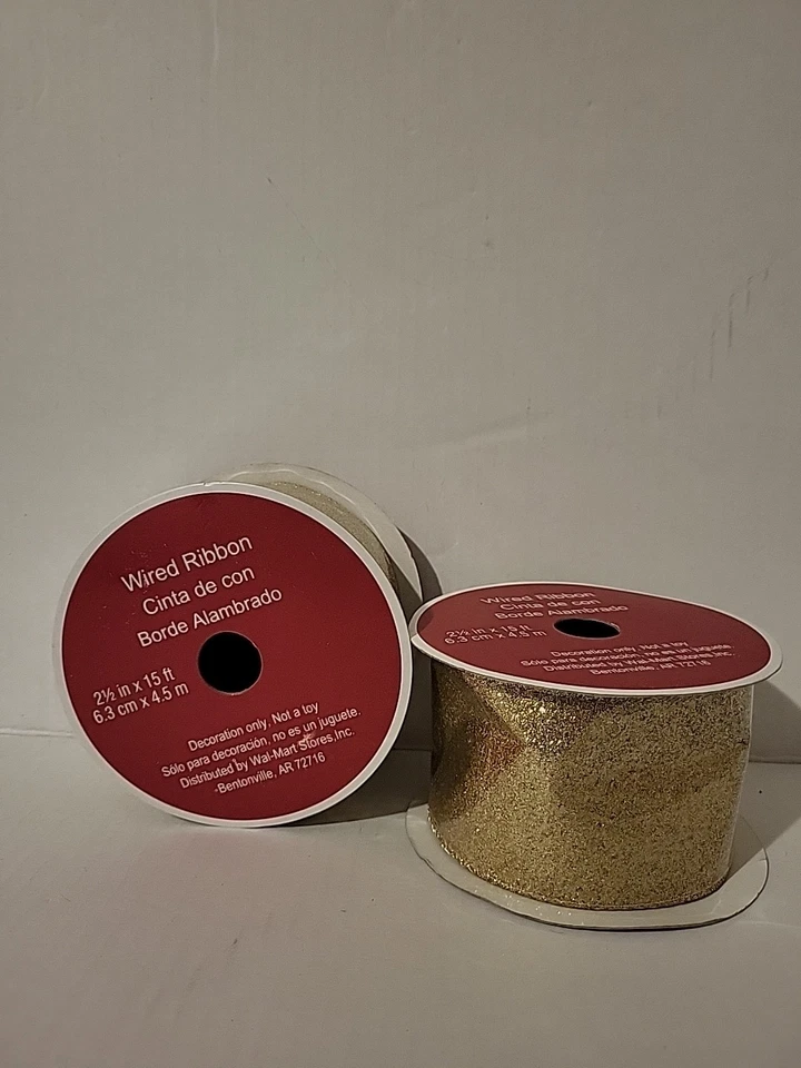 Gold Metallic Wired Edge Ribbon 2.5" x 15 Ft Christmas Holiday Wreath Lot Of 2  - Image 1 of 1