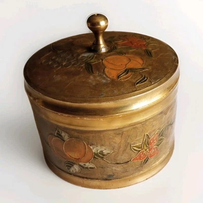 Vtg Cloisonne Brass Trinket Tea Box Fruit Leaves 4x43/8” Orange Green Gold India - Image 1 of 4