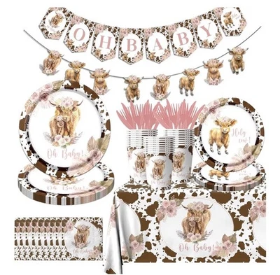 142件装高地奶牛生日盘子餐巾横幅更多婴儿淋浴20位宾客 — 第 1/4 张图片