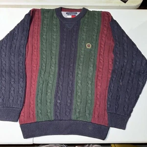 Vintage Tommy Hilfiger Sweater Men's Large Colorblock Cable Knit Pullover - Picture 1 of 7