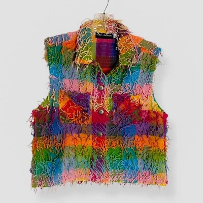 De Colección Ana’s Fashions Colorido Flecos Peludo Chaleco Top Corto Bolsillos Botón Arco Iris Foto 1 de 4