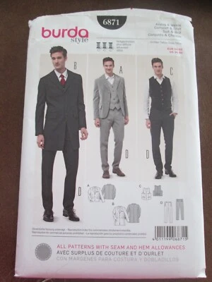 Burda 6871 Mens Classic 3 Piece Suit Coat Jacket Pants Vest Pattern 34-50 UC FF - Image 1 of 2