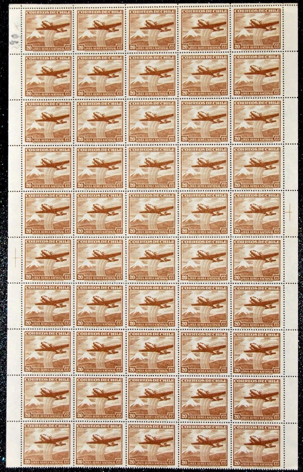 CHILE, CORREO AÉREO, 20 CÉNTIMOS, SIN MARCA DE AGUA, AÑO 1951, HOJA COMPLETA DE 50, MNH Foto 1 de 1