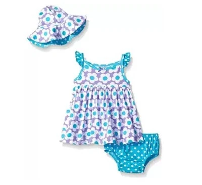 GerberGirls 3 Piezas Azul/Púrpura Flor Vestido Gorra y Bragas Conjunto ROPA BEBÉ REGALO Foto 1 de 3