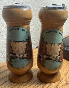 Vintage Hoover Dam Wooden Salt/Pepper Shakers ~ Slide Open/Shake ~ Made In Japan - Picture 1 of 5