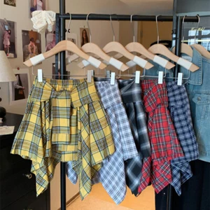 Camicia donna falsa due pezzi quadri irregolare linea ad A vita alta gonna quadri - Foto 1 di 17