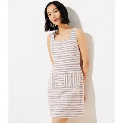 Loft Tweed Patch Pocket Sheath Dress Size 16 Pink Ivory Cream Striped - Image 1 of 4