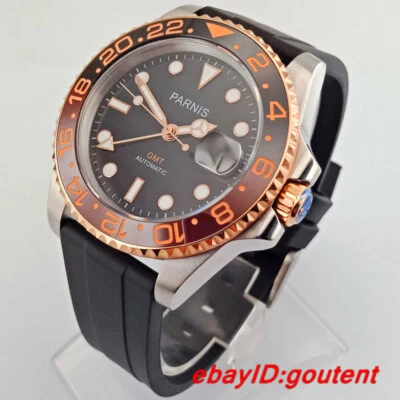 Reloj pulsera automático para hombre Parnis 40 mm esfera negra cristal zafiro GMT correa de goma Foto 1 de 4