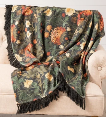 NEW Farmhouse PRIMITIVE THROW MOODY FLORAL 50" x 60" Green Rust Fringe Cotton - Image 1 of 3