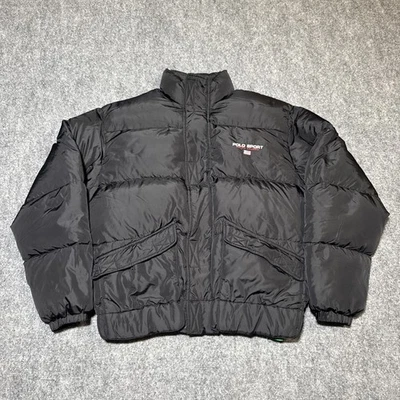 VTG 90s Y2K POLO SPORT Ralph Lauren Full Zip Puffer Down Fill Black Flag Logo M - Image 1 of 4
