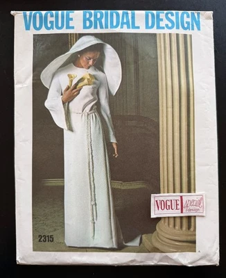 New 1970 Vogue 2315 Bridal Design Pattern Wedding Dress & Headpiece w/ Label, 14 - Image 1 of 4