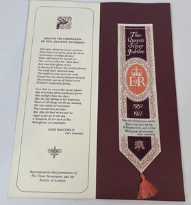Queen Elizabeth Silver Jubilee 1952 - 1977 Silk Woven Book Mark 9"x2” With Case - Imagen 1 de 12