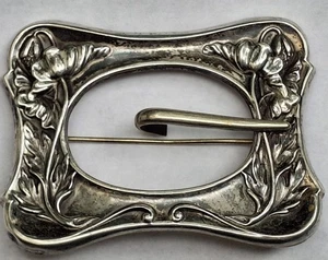 Antike edwardianische Sterling Top Mohn Schnalle Brosche Repousse Mohnblumen Schärpe Anstecknadel - Bild 1 von 8