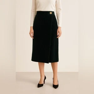 Falda midi envolvente de pana Tibi para mujer talla 4 verde ropa de trabajo informal otoño - Imagen 1 de 12