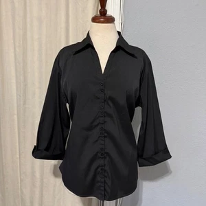 DCC Damen schwarz Stretch Knopfleiste V-Ausschnitt 3/4 Ärmel Bluse Top Größe 1X - Bild 1 von 11