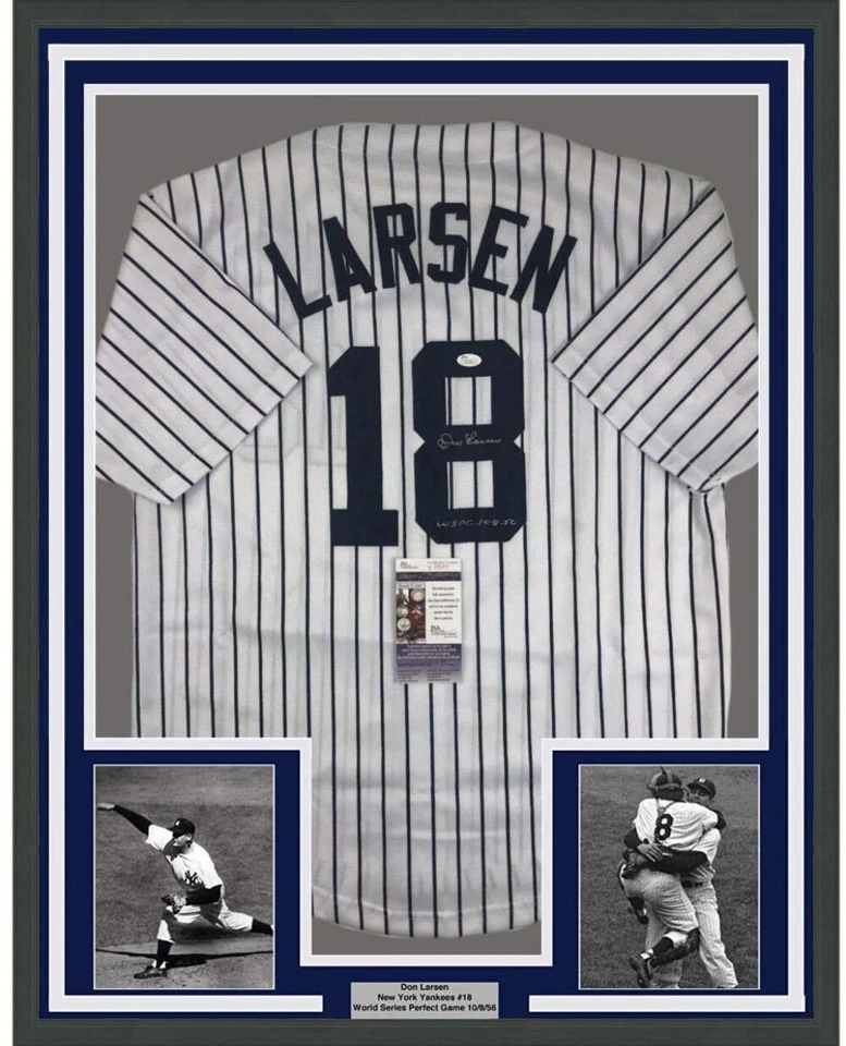 Camiseta deportiva a rayas de Nueva York 33x42 autografiada/firmada por Don Larsen enmarcada certificado de autenticidad JSA Foto 1 de 2