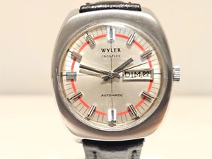 VINTAGE RARE SWISS MEN'S  ST.STEEL AUTOMATIC DAY-DATE WATCH "WYLER"INCAFLEX - Picture 1 of 17