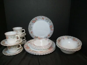 Indopal Milk Glass 5 Piece Service For 4 Peach & Blue Flowers 20 Total Pieces - Picture 1 of 11