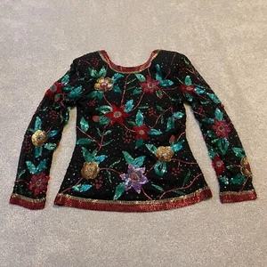 Vintage Oleg Cassini Top Womens Small Floral Sequin Holiday 90s 100% Silk Beaded - Picture 1 of 15