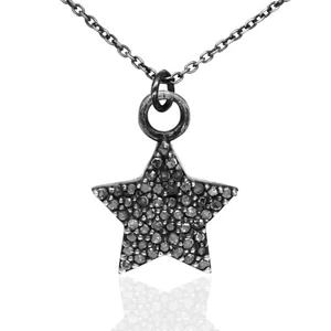 925 Sterling Silver Black Rhodium Natural Pave Diamond Star Shape Pendant Charm - Picture 1 of 2