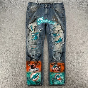 Vintage Miami Dolphins Jeans Mens 34X32 Blue Straight NFL Destroyed Y2K Denim - Picture 1 of 16