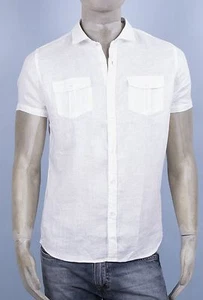CAMICIA MARKUP IN LINO 100% MANICA CORTA BIANCA E BLU CON TASCHINI - Foto 1 di 10