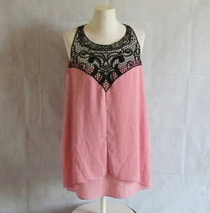 City Chic Womens Plus XS/14 Top Pink Black Lace Sleeveless Blouse - Picture 1 of 7
