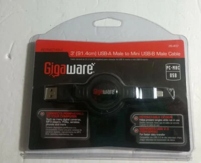 Gigawear 3 Ft. Retractable USB Computer Cable NEW ~ USB Male to Mini USB Male - Image 1 of 2
