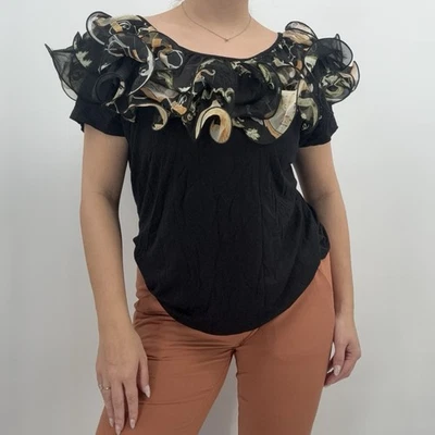 Ravel 黑色 Organza 荷叶边时髦短袖上衣 XL 码 Y2k 风格 — 第 1/4 张图片