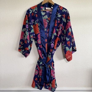 Vintage Victoria's Secret Blumen Kimono Morgenmantel 3/4 Arm Bindeband Taille Blau One Size - Bild 1 von 9