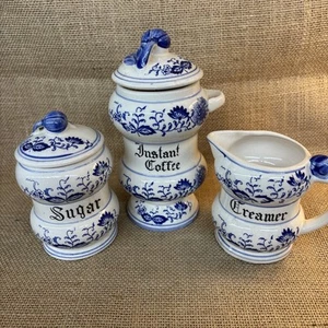 Vtg Blue Onion Instant Coffee Sugar Creamer Cannister Set Arnart Danube Japan - Picture 1 of 11