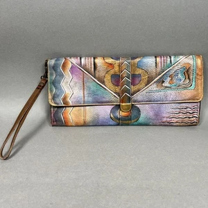 ANUSCHKA handbemalte Leder Zick-Zack Geldbörse Clutch Geldbörse Tasche Indien 13x6" - Bild 1 von 24
