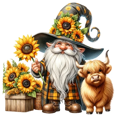 Sunflower Gnome Highland Cow Vinyl Decal Sticker Weatherproof UV Safe Car Farm - Image 1 of 4