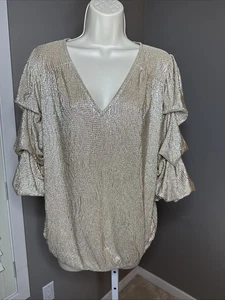 MSK Gold Blouse 1x Ruffle Sleeve V Neck Top - Picture 1 of 11