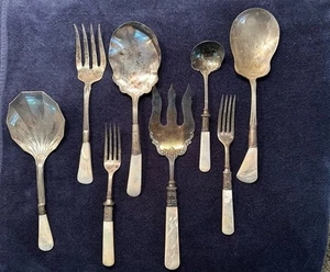 Mother Of Pearl Mop Handles Sterling Bands Lot Of Serving Ware 8 Pieces Antique - Picture 1 of 12