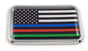 USA police thin Blue Red Green line flag rectangular Chrome Emblem Car Decal  3" - Foto 1 di 2