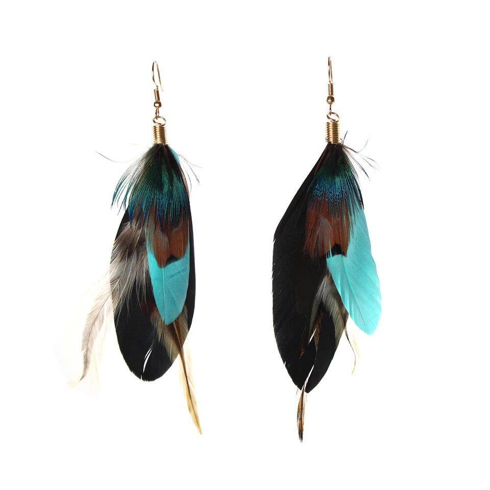 Feder Ohrringe Earring Boho Vintage Ohrhänger Indianer Look Schwarz Türkis - Bild 1 von 1