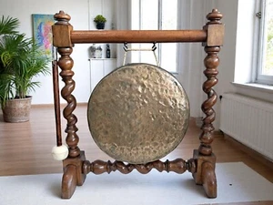 Antique Brass Dinner Gong Large 15" + Mallet Oak Stand Temple Gong Victorian - Picture 1 of 15