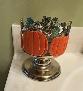 Bath & Body Works Flocked Pumpkins 3 Wick Candle Holder Pedestal NEW - Picture 1 of 4