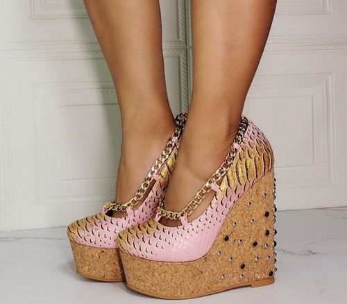 Womens New Fashion Round Toe Serpentine Metal Chain Rivet Shoes Wedge ...