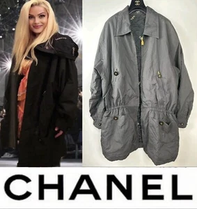 Chanel Vintage 1992 Black Logo 90s Coat 42 44 46 10 12 14 Reversible Jacket XL L - Picture 1 of 19