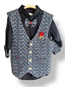Stylish Blue Button-Up Outfit w/ Patterned Vest, Adjustable Bowtie, Pin (Kids 6) - Picture 1 of 15