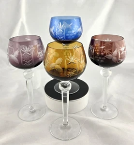 VINTAGE BOHEMIAN CUT-TO-CLEAR MULTICOLOR Crystal WINE GLASSES 8.25" - SET OF 4 - Picture 1 of 6