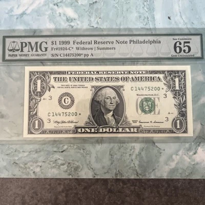 1999 $1 Philly STAR Note PMG 65 GEM UNC Fr 1924-C* PMG 65 SN C14475200* STAR - Image 1 of 4